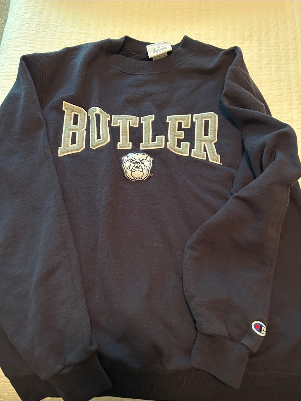 Butler Champion Black Crewneck Sweatshirt with White and Light Gray Lettering